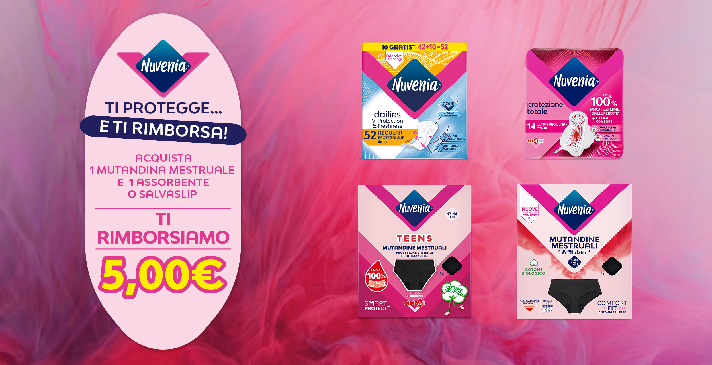 Immagine desktop del Cashback Nuvenia ti protegge e ti rimborsa 2026 Con l'acquisto di 1 mutandina mestruale + 1 assorbente/salvaslip ricevi un rimborso di 5€