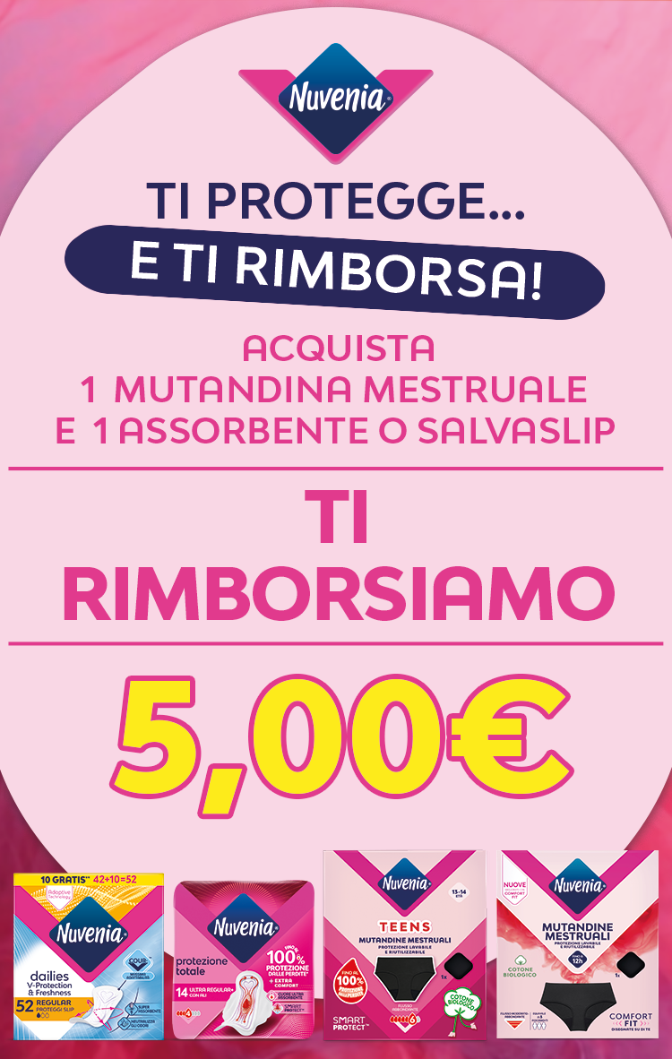 Immagine mobile del Cashback Nuvenia ti protegge e ti rimborsa 2026 Con l'acquisto di 1 mutandina mestruale + 1 assorbente/salvaslip ricevi un rimborso di 5€